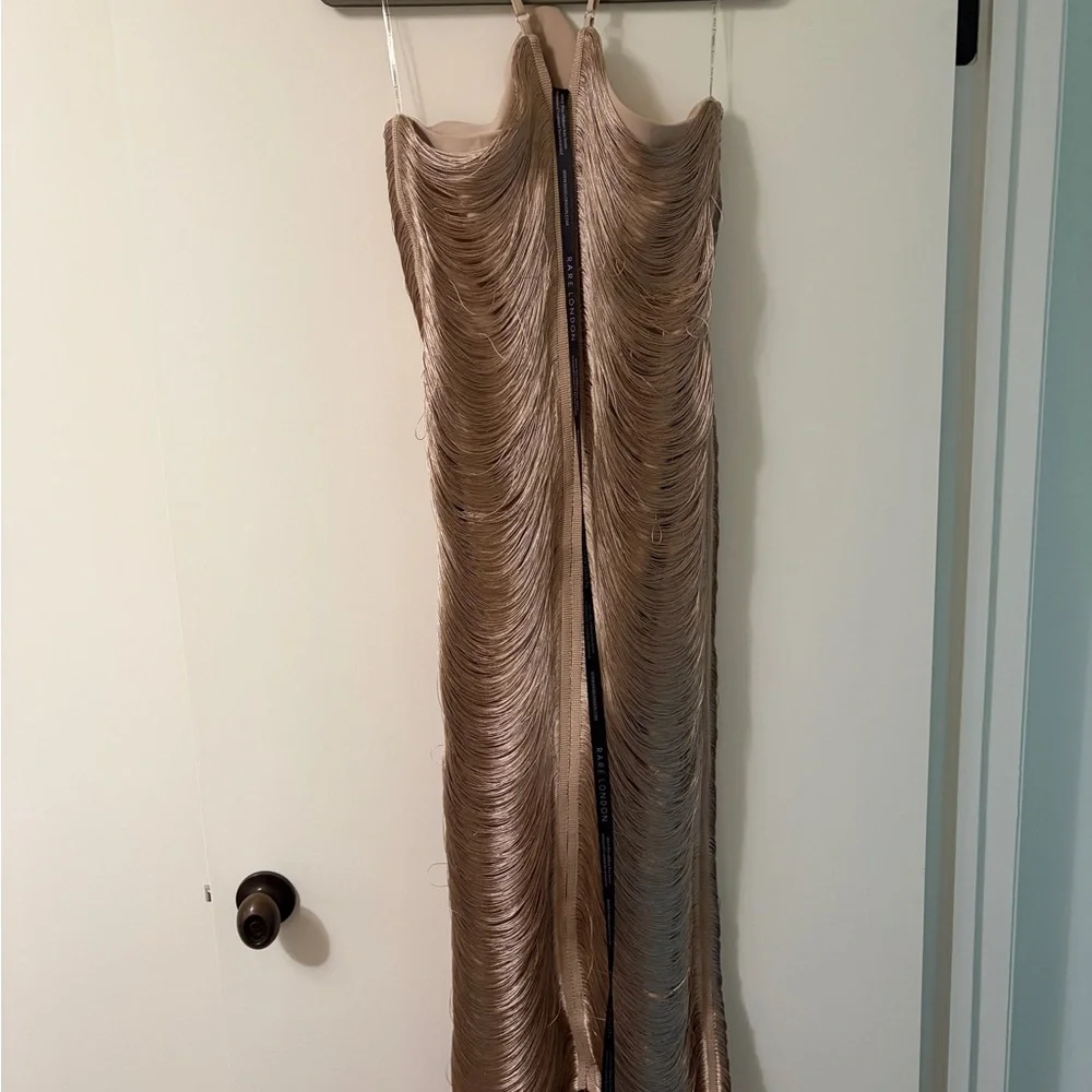 Rare London Gold Fringe Detail Halter Maxi Dress - Picture 3 of 4